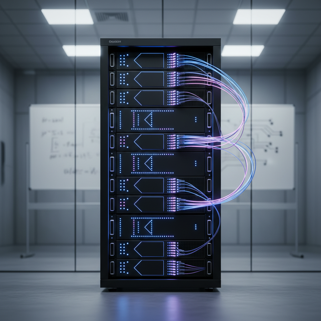 A highly detailed, photorealistic close-up of a sleek black quantum server rack, its matte and brushed metal surfaces interrupted by neat rows of glowing blue and violet status LEDs. Fiber-optic cables with translucent sheathing arc gracefully from modular units, their interiors faintly illuminated. The server stands in a spotless, glass-walled research lab, with blurred equations and circuit diagrams faintly visible on a distant whiteboard. Cool, diffused overhead lighting creates soft reflections along the metal edges and a subtle gradient across the floor. Shot at eye level with a shallow depth of field, the focus rests sharply on the central rack while the background dissolves into smooth bokeh. The mood is professional and precise, evoking cutting-edge theoretical physics and advanced quantum computation in a clean, modern photographic style.