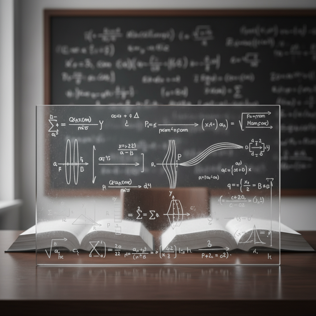 A polished dark-wood table supporting a large, frosted-glass pane etched with intricate Feynman diagrams and quantum field lines in crisp white. Beneath the glass, faint reflections show stacks of open textbooks on quantum mechanics, their pages filled with dense mathematical notation. In the background, a large chalkboard wall, slightly out of focus, is covered with carefully written equations, integrals, and Dirac notation in neat handwriting. Soft, indirect daylight filters through an unseen window, producing gentle highlights on the glass edges and subtle shadows from the book spines. The composition uses the rule of thirds, with the etched diagrams dominating the frame, emphasizing clarity and intellectual rigor. Photographic realism and a neutral color palette create a calm, studious, and highly professional atmosphere suitable for a serious theoretical physics education site.